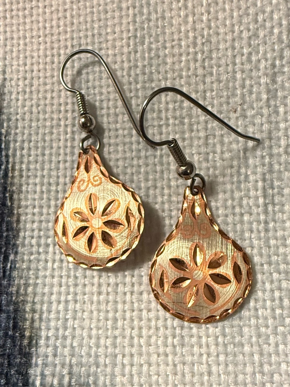 Copper Teardrop Dangle Earrings – Floral Cutout Design